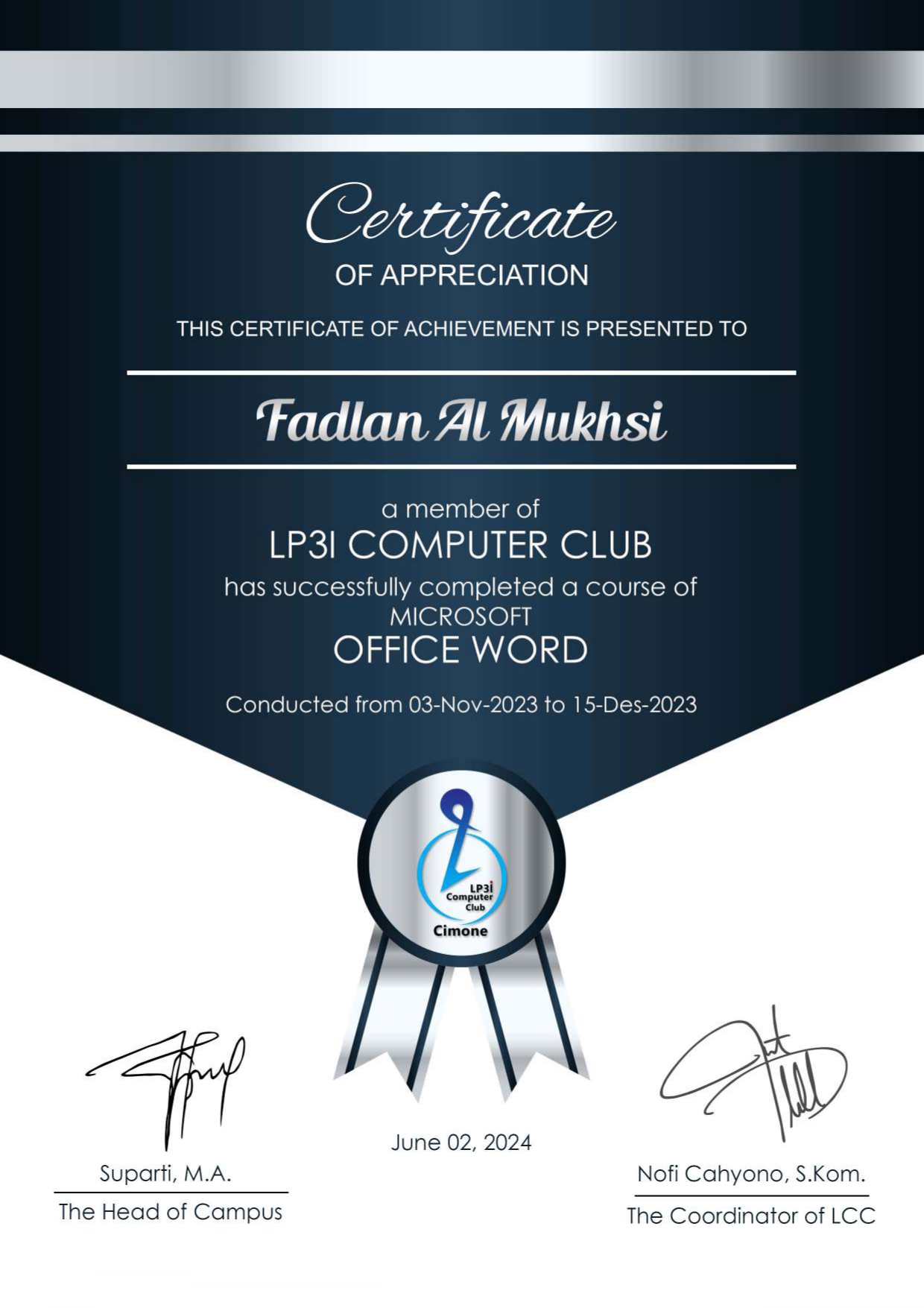 Sertifikat Pelatihan Office LCC